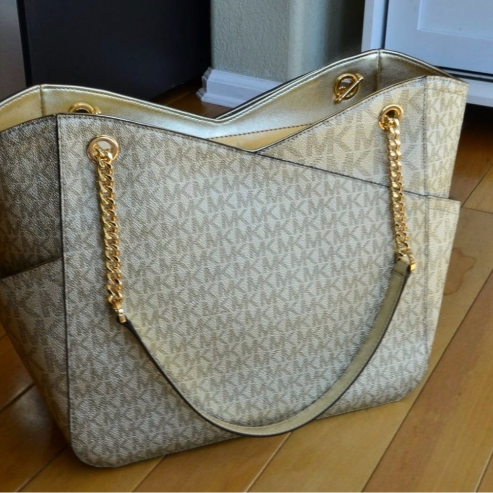 Michael Kors Beige Logo Tote with Gold Chain Straps - Picture 8 of 9